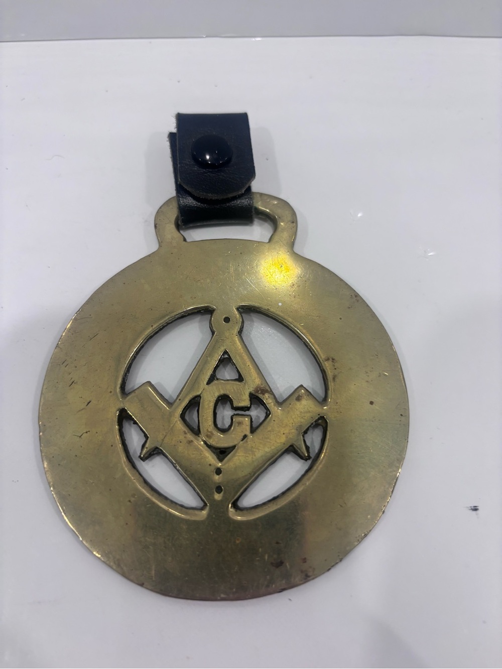 Vintage Brass Masonic Horse Brass with Leather Strap - Gold Tone harness medal